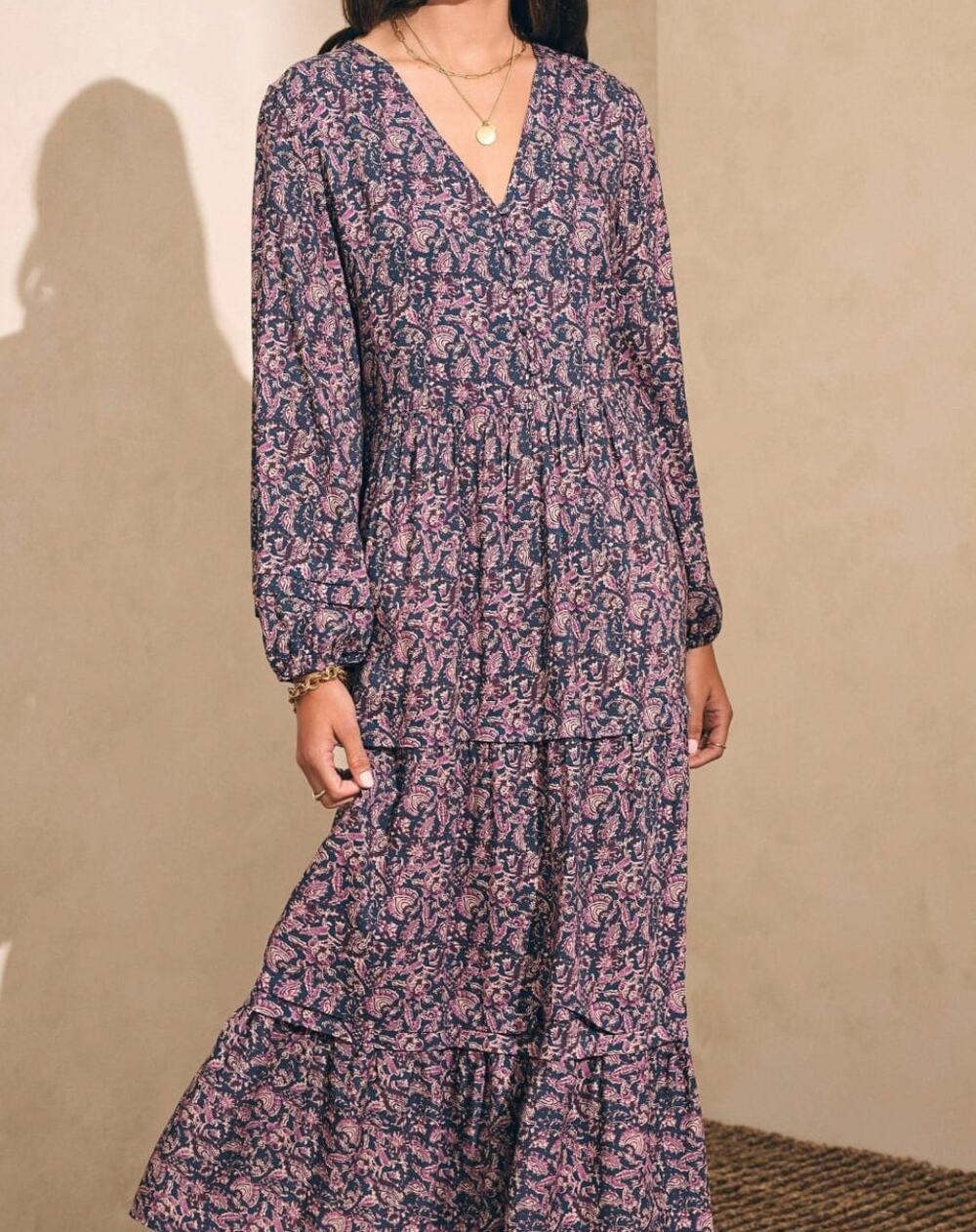 Faherty Isabella Long Sleeve Tiered Midi Dress Fiona Block Print Sz Medium NWOT